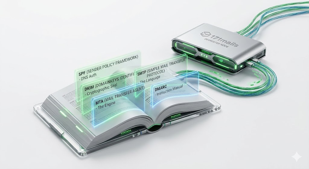 updated email terminology glossary - photorealistic studio photograph of a physical high-tech dictionary re-deciphering SPF, DKIM, MTA, SMTP, and DMARC powered by a 171mails dedicated node for educational accuracy