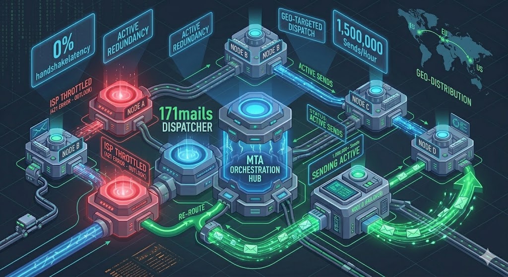 self-healing email infrastructure - infographic showing 171mails dispatcher and orchestration hub re-routing throttled Outlook traffic from Node A to Node D failover with 100% uptime