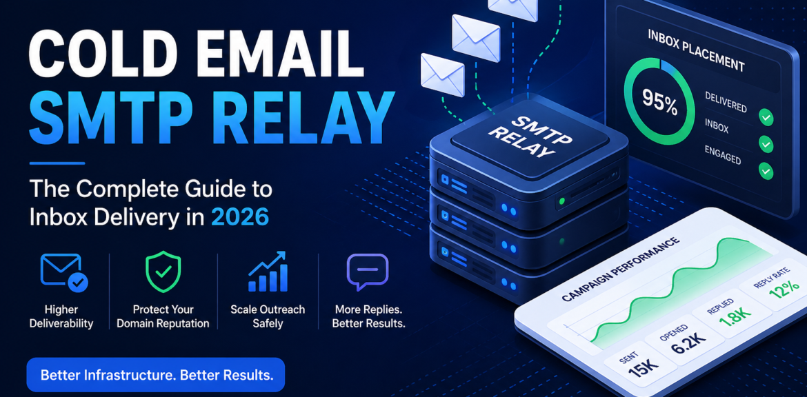 Cold email SMTP relay infrastructure illustration showing email deliverability and inbox placement system