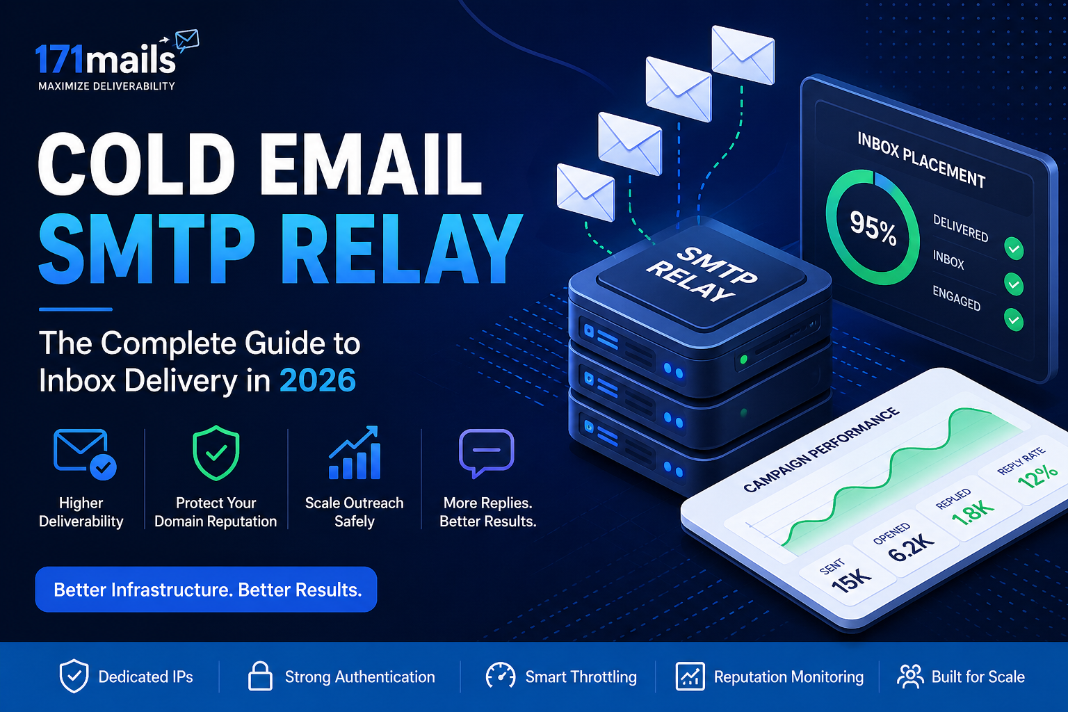 Cold email SMTP relay infrastructure illustration showing email deliverability and inbox placement system