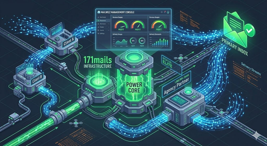 self hosted email SaaS - infographic showing MailWizz management console connected to 171mails dedicated infrastructure powering clients A and B and an agency partner to land mail in the primary inbox